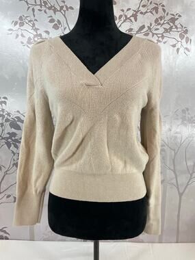 PINQUE V-Neck Sweater Small Beige Ribbed Mixed Knit Pullover Long Sleeve Cozy